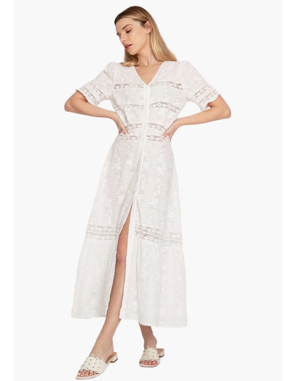 V-Neck White Lace Maxi Dress with Front Slit